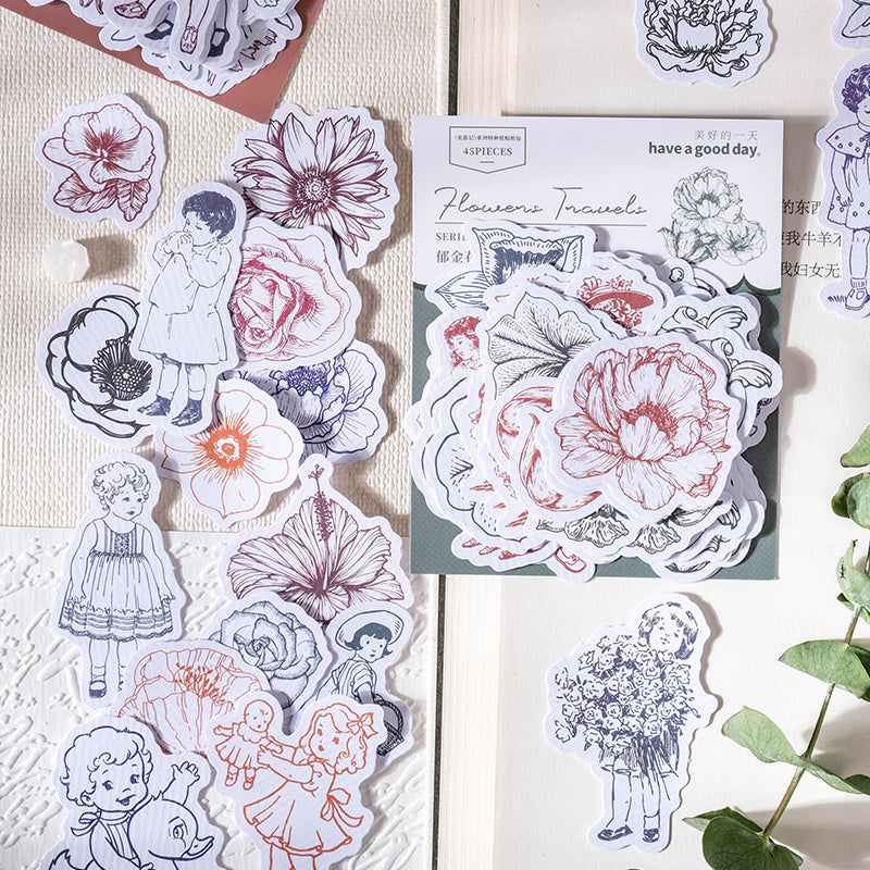 [2601-184] Flower Travel Vintage Floral Character Die Cut Stickers Pack