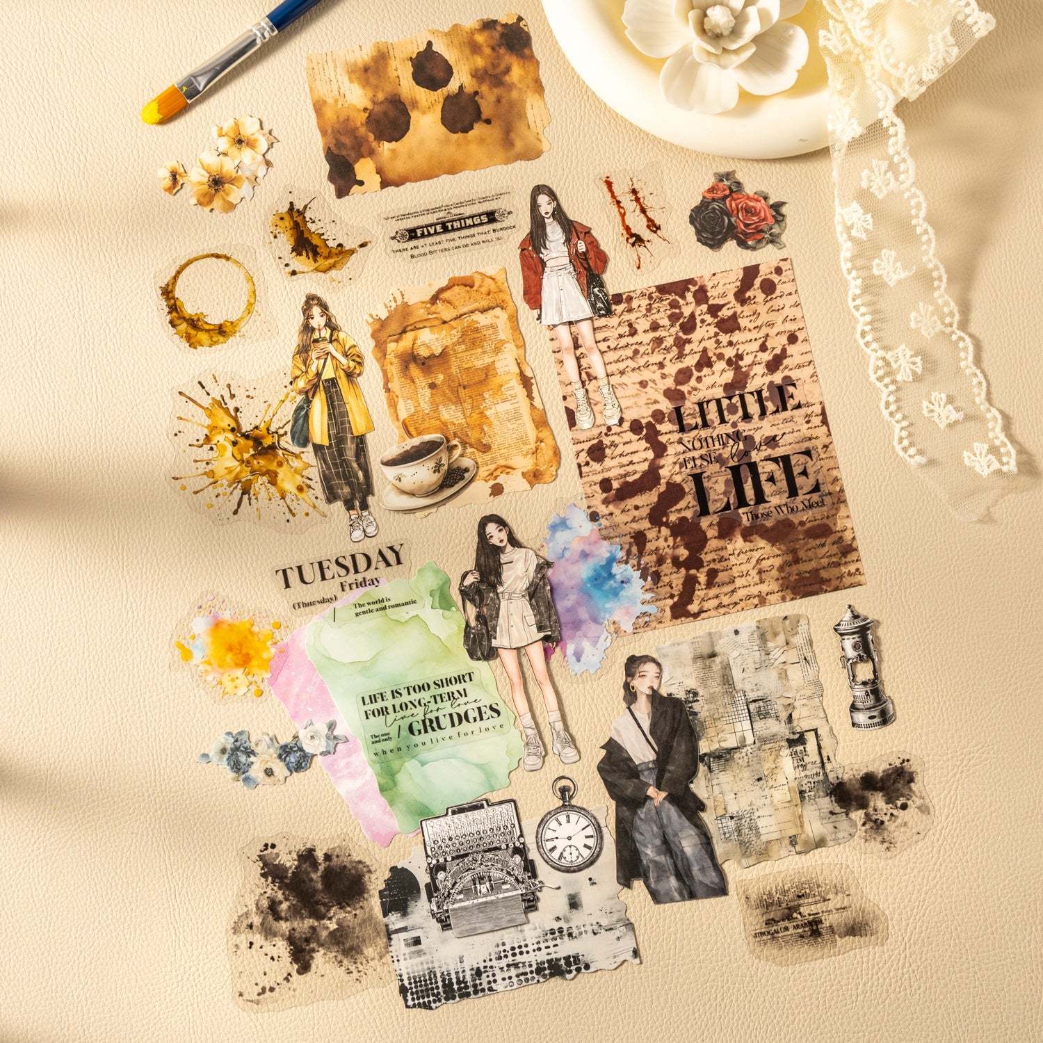 [2601-139] Trace Marks Journaling Kit – Grunge Background & Collage Sticker Set (4 Styles)