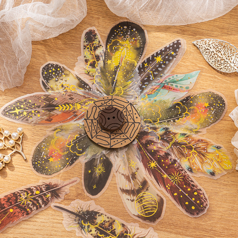 [2601-155] Golden Foil Feather PET Stickers – Shimmering Feather Series (10 Sheets