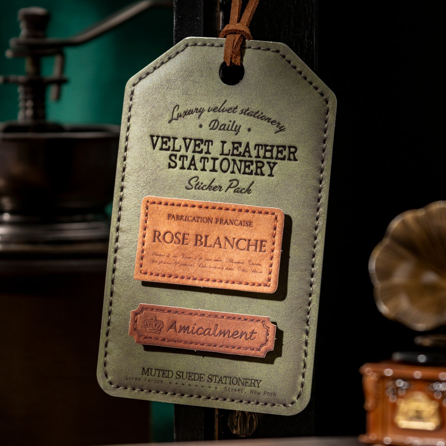 [2601-137] Velvet Leather Label Stickers – Vintage Faux Leather Journal Tags (6 Designs)