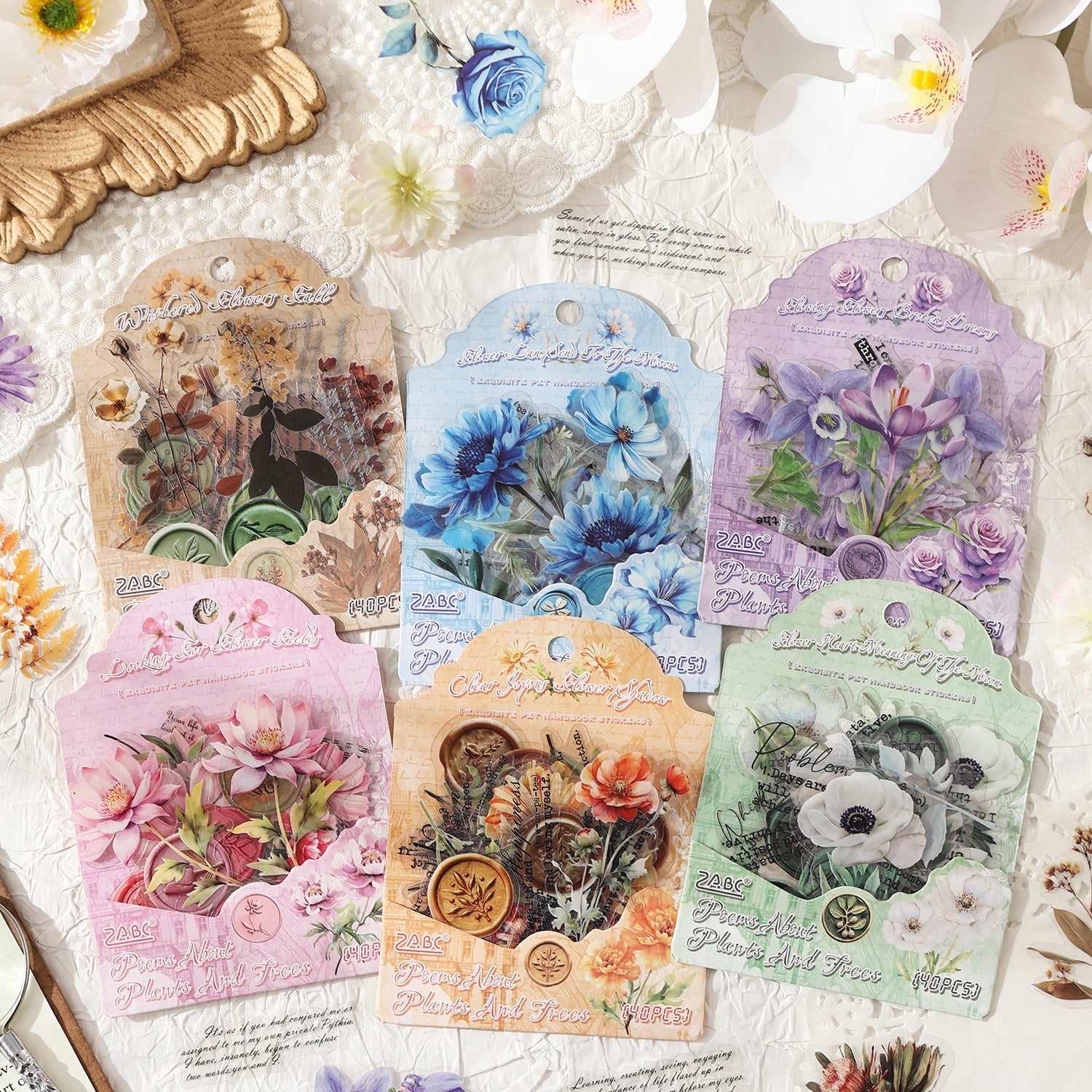 [2603-056] Floral PET Background Stickers 40 Pieces 6 Styles