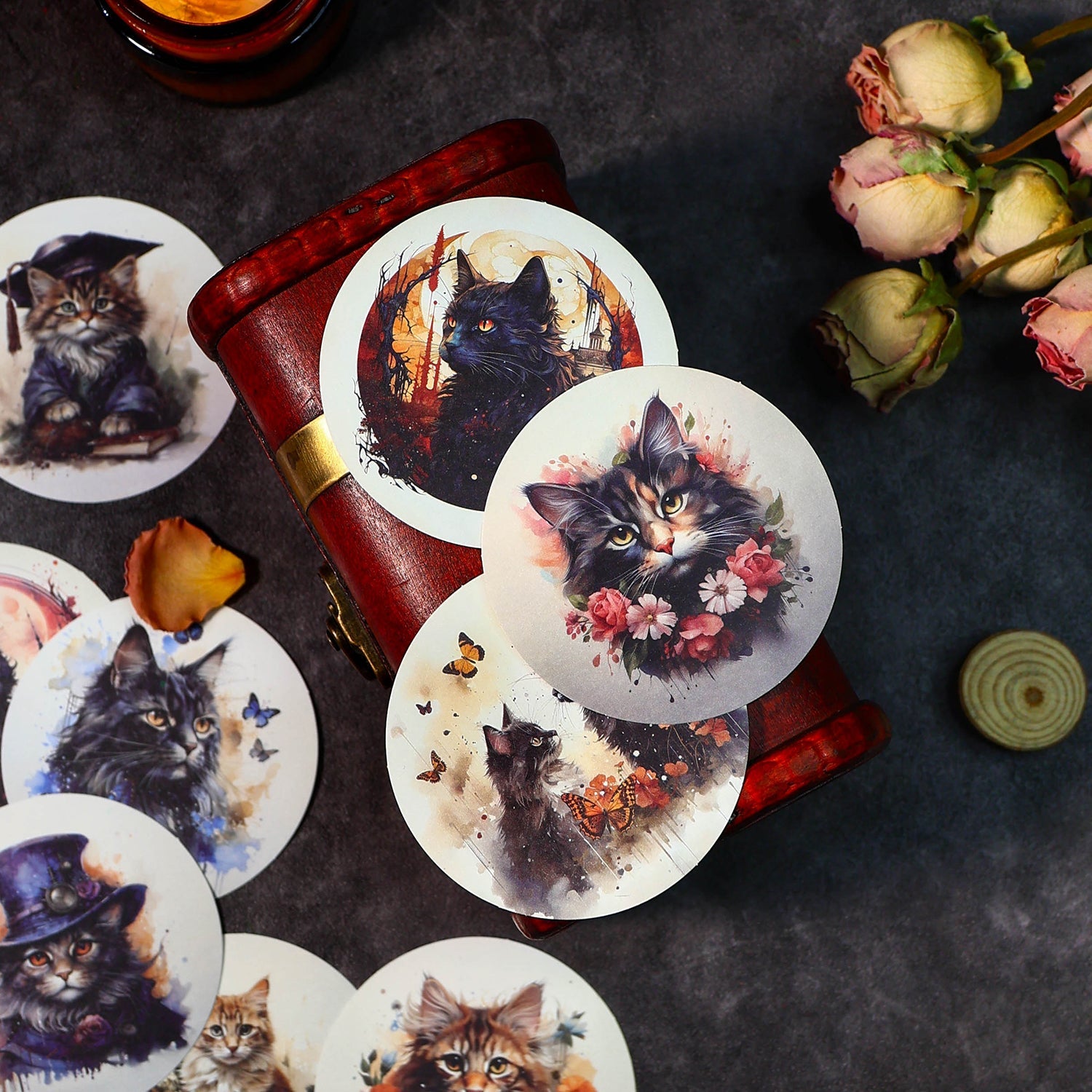 [2601-129] Mysterious Cat PET Stickers – Vintage Floral Animal Collage (4 Designs)
