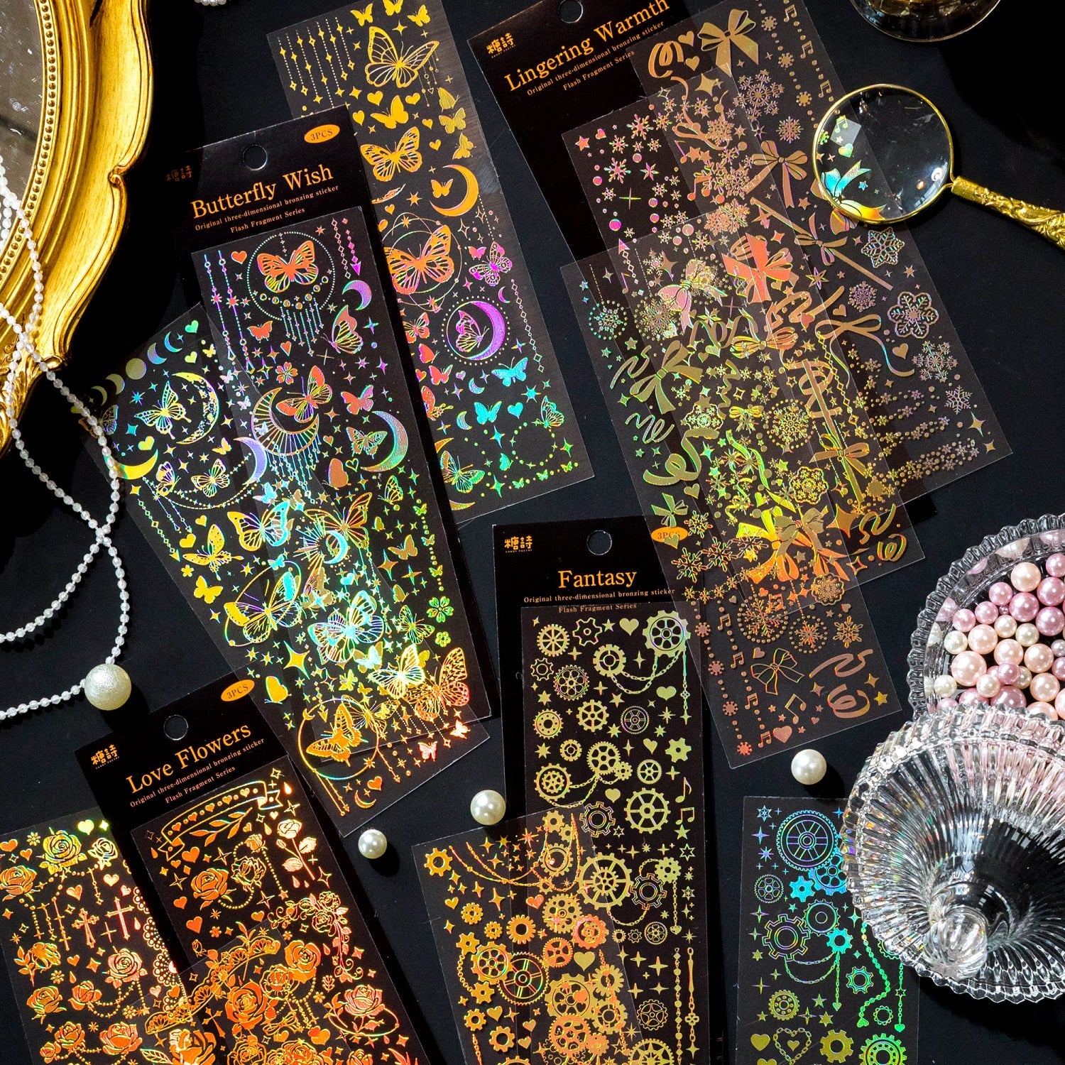 [2603-061] Gold Foil Glitter Frame Line Stickers 4 Styles