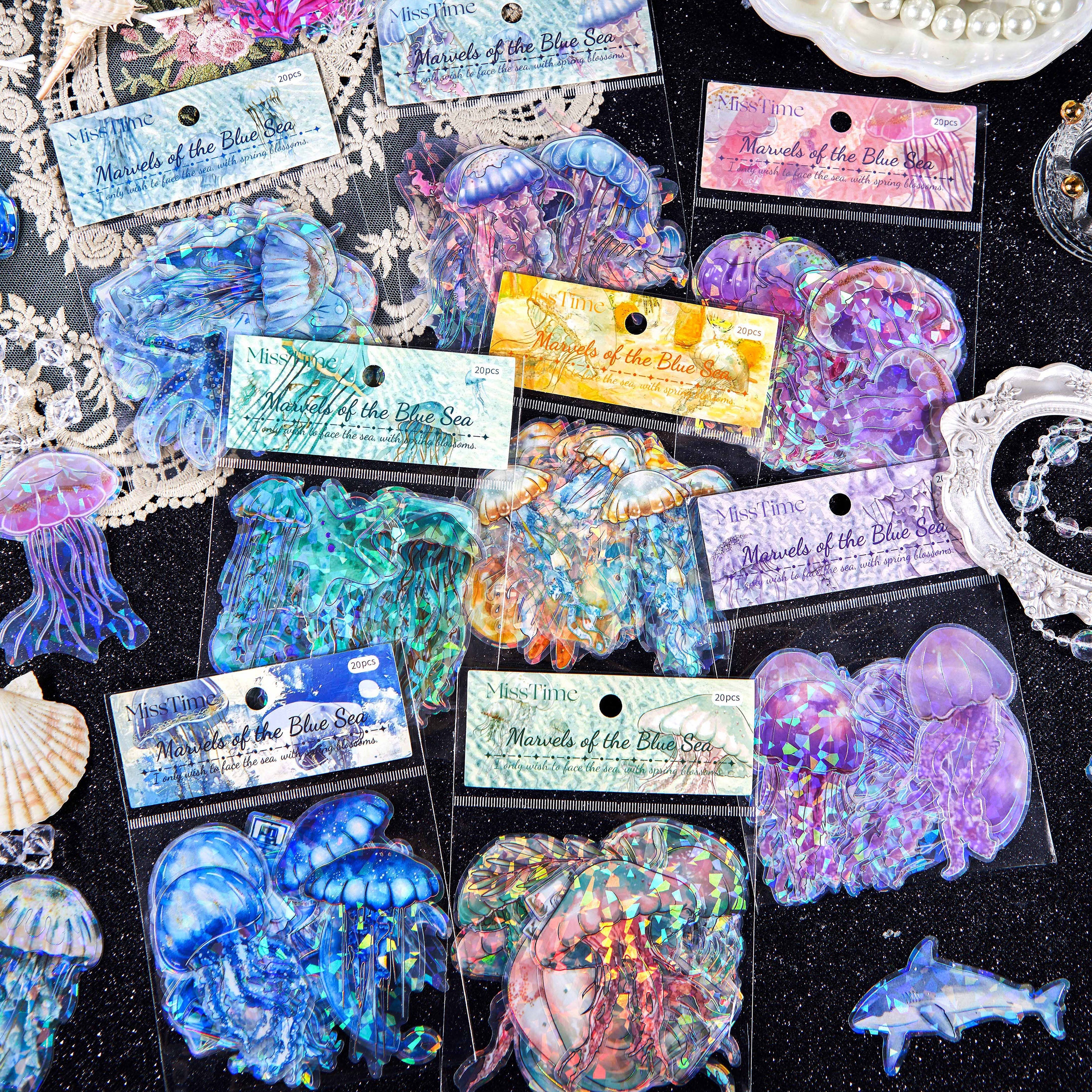 [2603-010] Ocean Jellyfish Background Collage Stickers 8 Styles