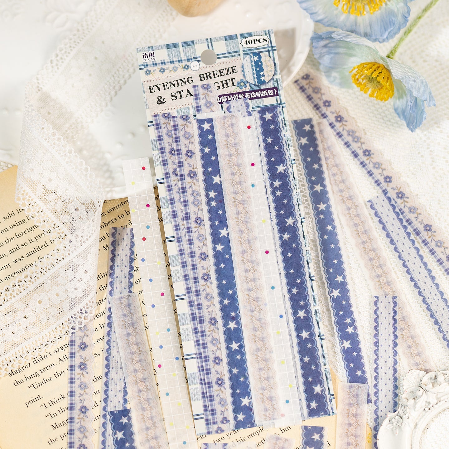 [2601-125] Lace Post Office Washi Trims – “Floral Lace Series” Long Strip Journal Set (4 Styles 40 Pieces)