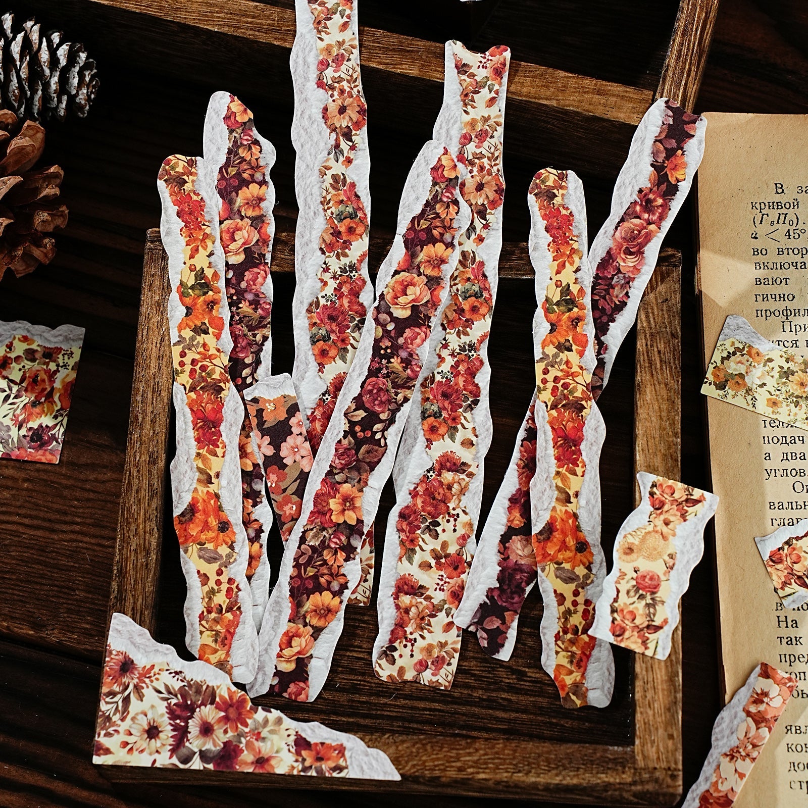 [2601-121] Vintage Floral Kraft Paper Stickers – Torn Edge Collage Strips (6 Designs)