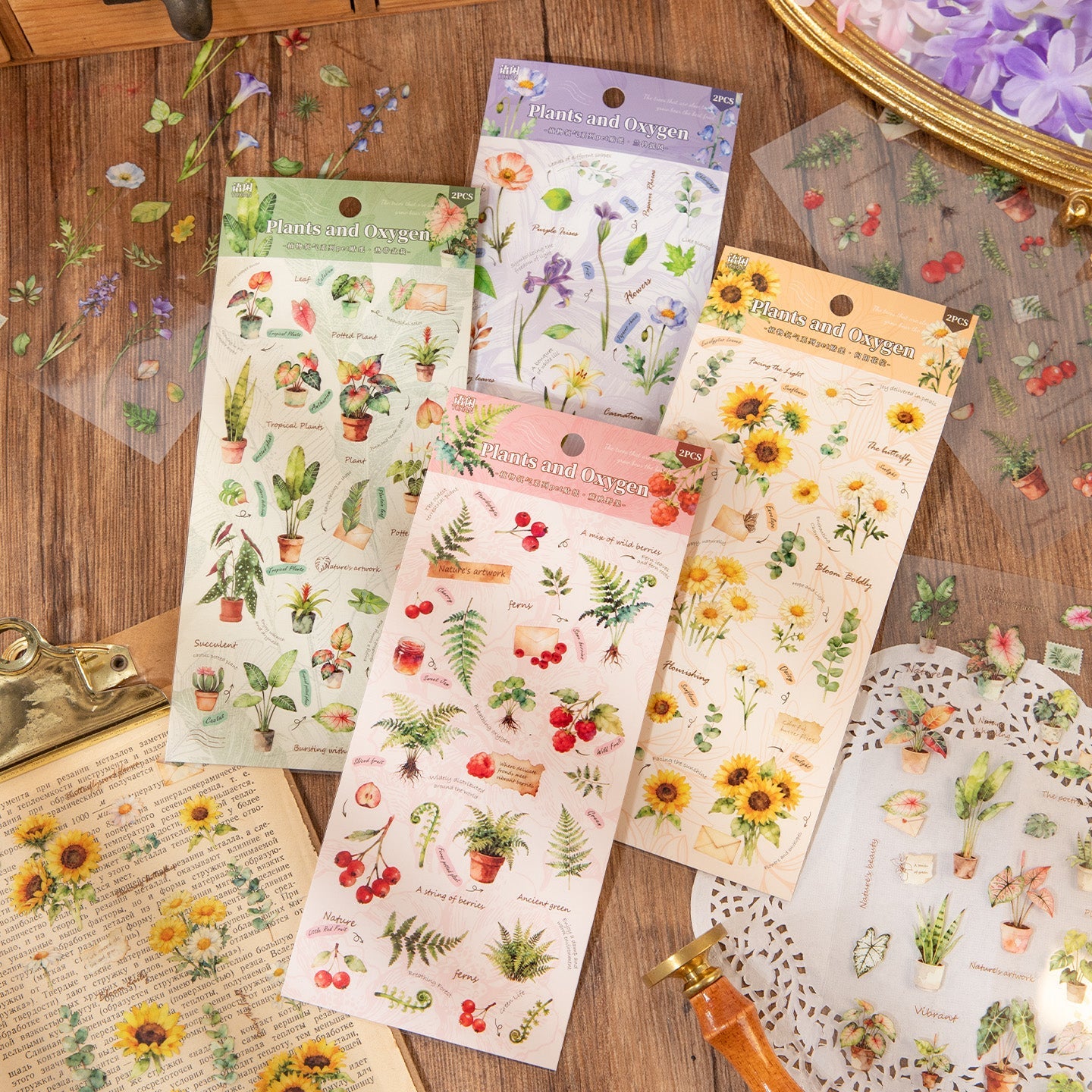 [2601-124] Plant Oxygen PET Botanical Stickers – “Plants & Oxygen” Collage Set (4 Styles 2 Sheets)