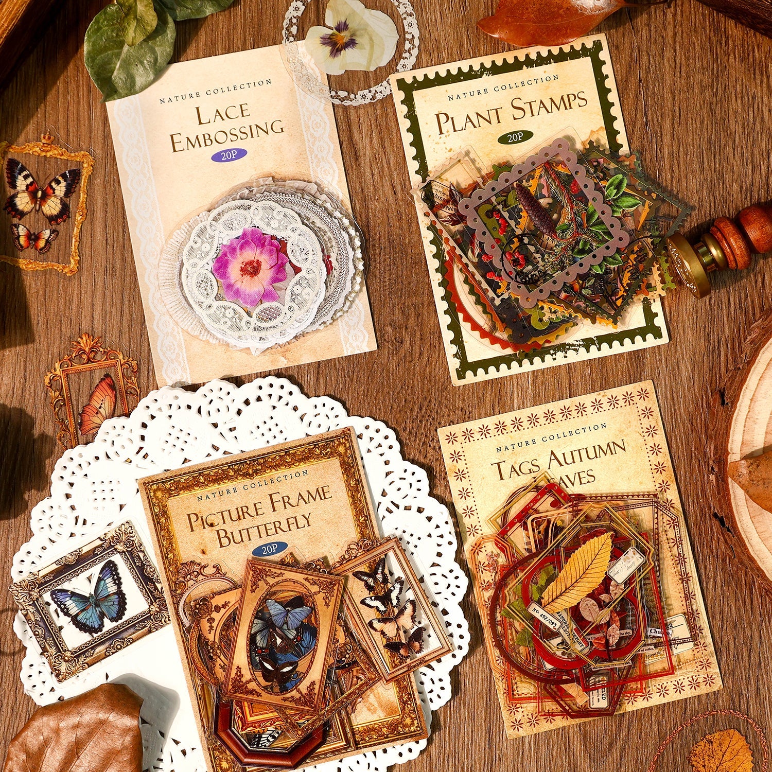 [2601-126] Vintage Nature PET Stickers – “Natural Collection” Botanical & Postage Set (4 Styles 20 Pieces)