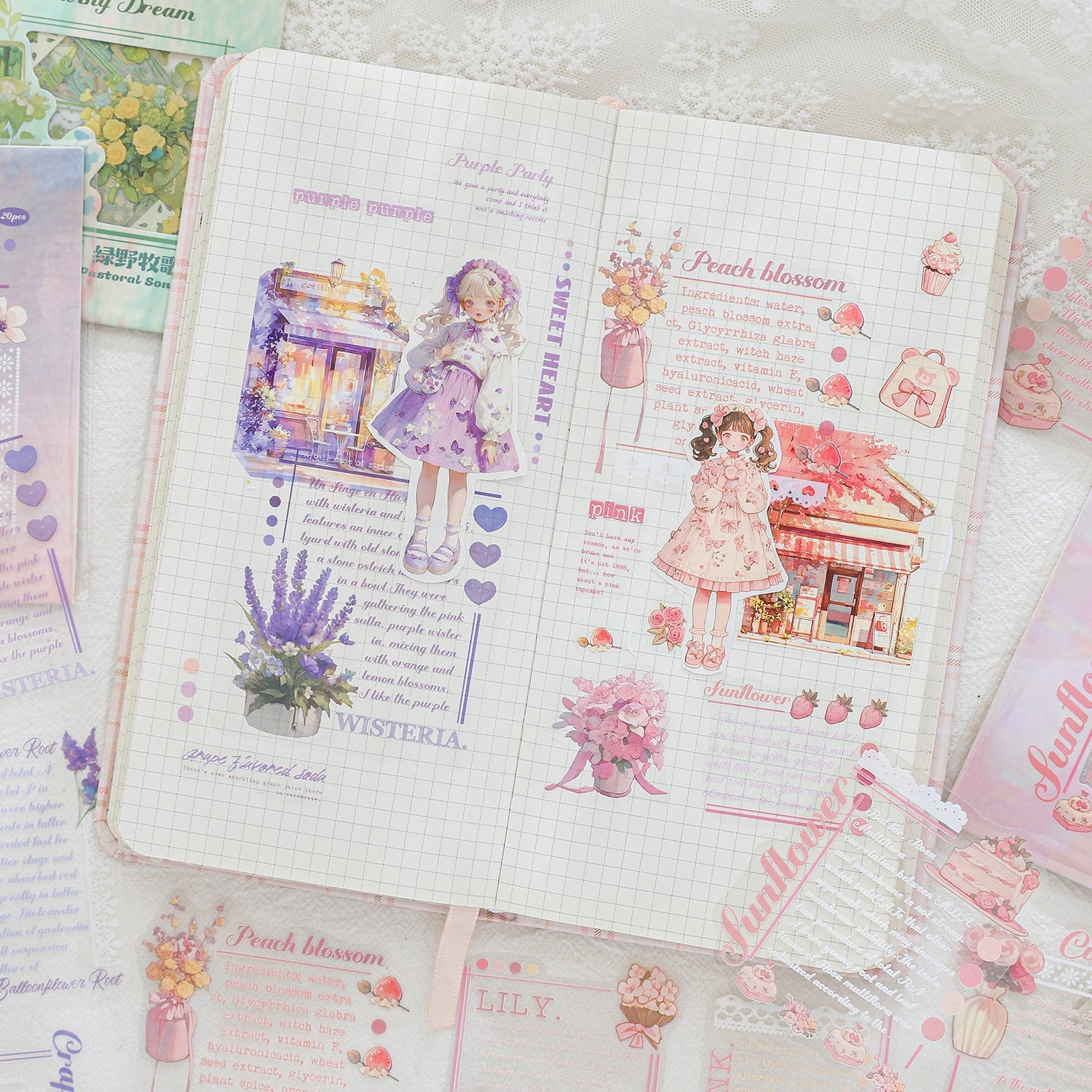 [2601-227] Flower Shadow Weaving Dream Series PET Floral Text Journal Sticker Pack 20 Sheets 6 Styles