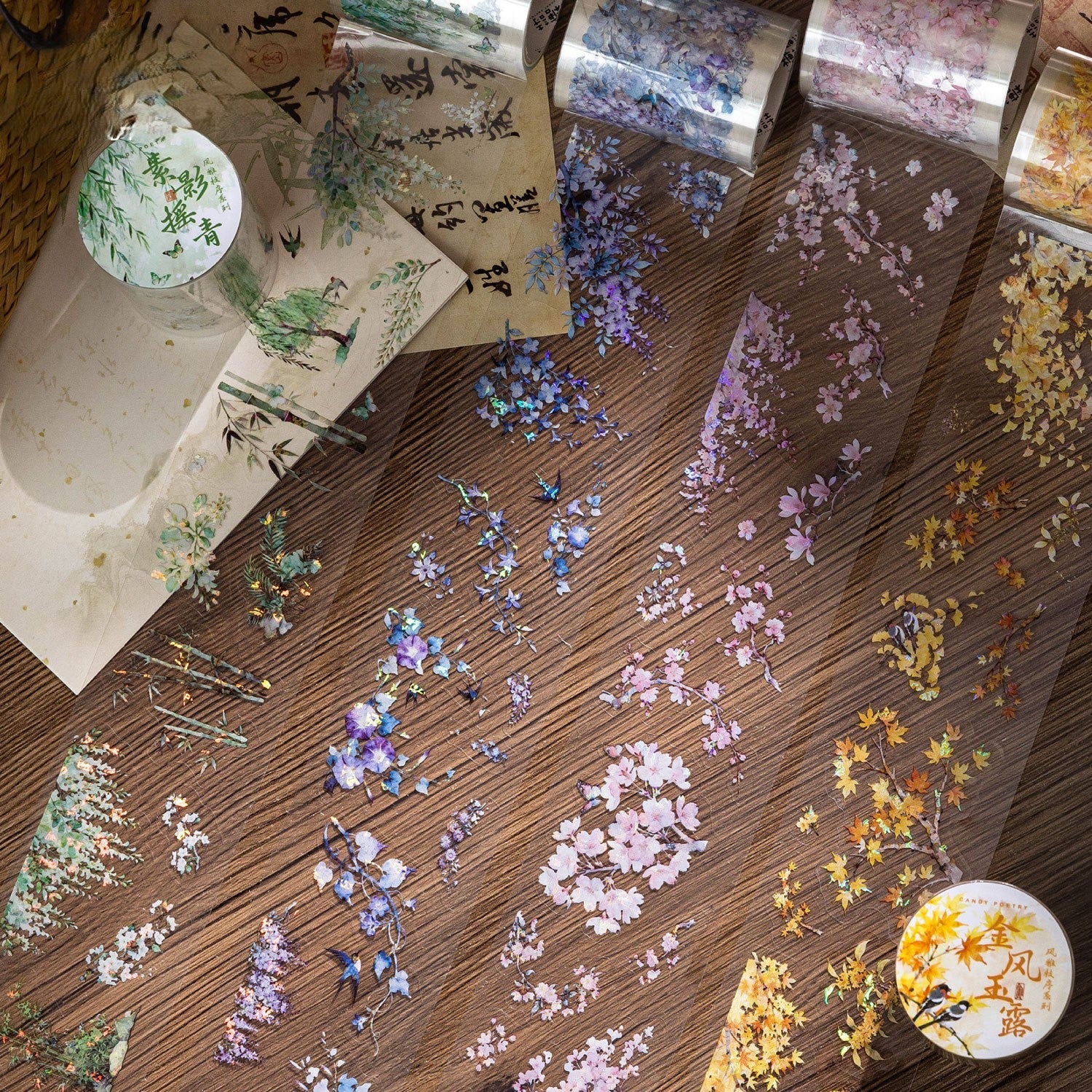 [2601-151] Crystal PET Washi Tape – Elegant Botanical Branches (4 Designs)