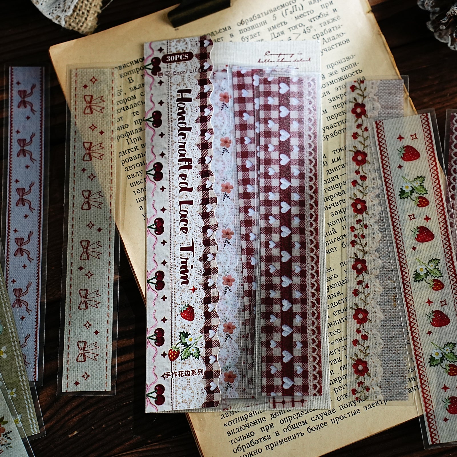 [2601-122] Handcrafted Lace Border Stickers – Vintage Fabric Trim Set (6 Designs)