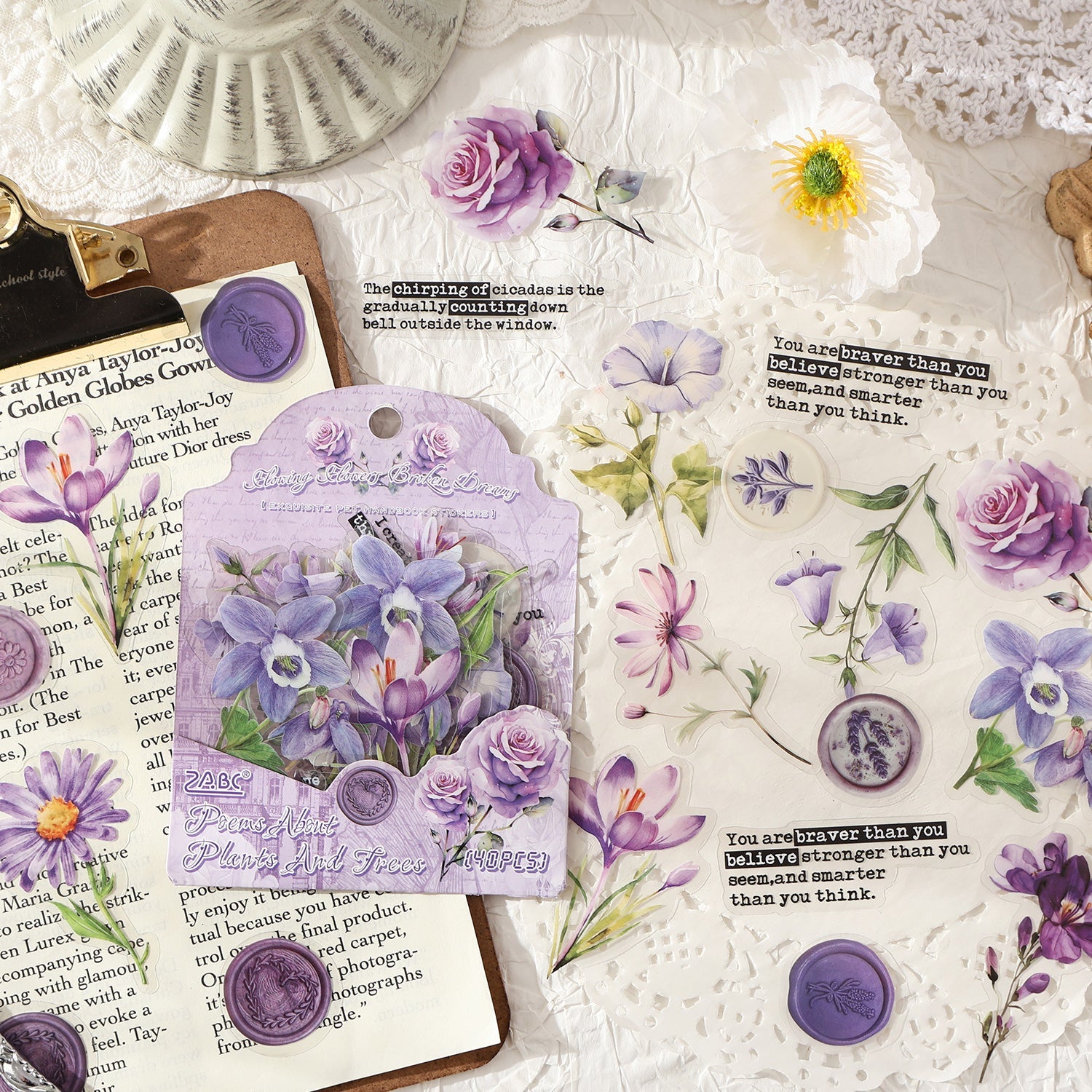 [2603-056] Floral PET Background Stickers 40 Pieces 6 Styles