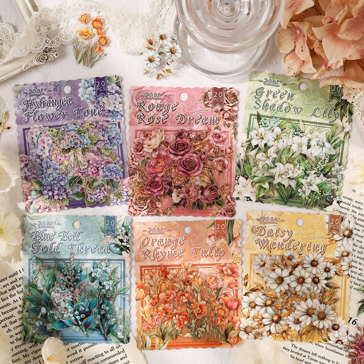 [2603-002] Gold Foil Floral PET Die Cut Stickers 20 Pieces