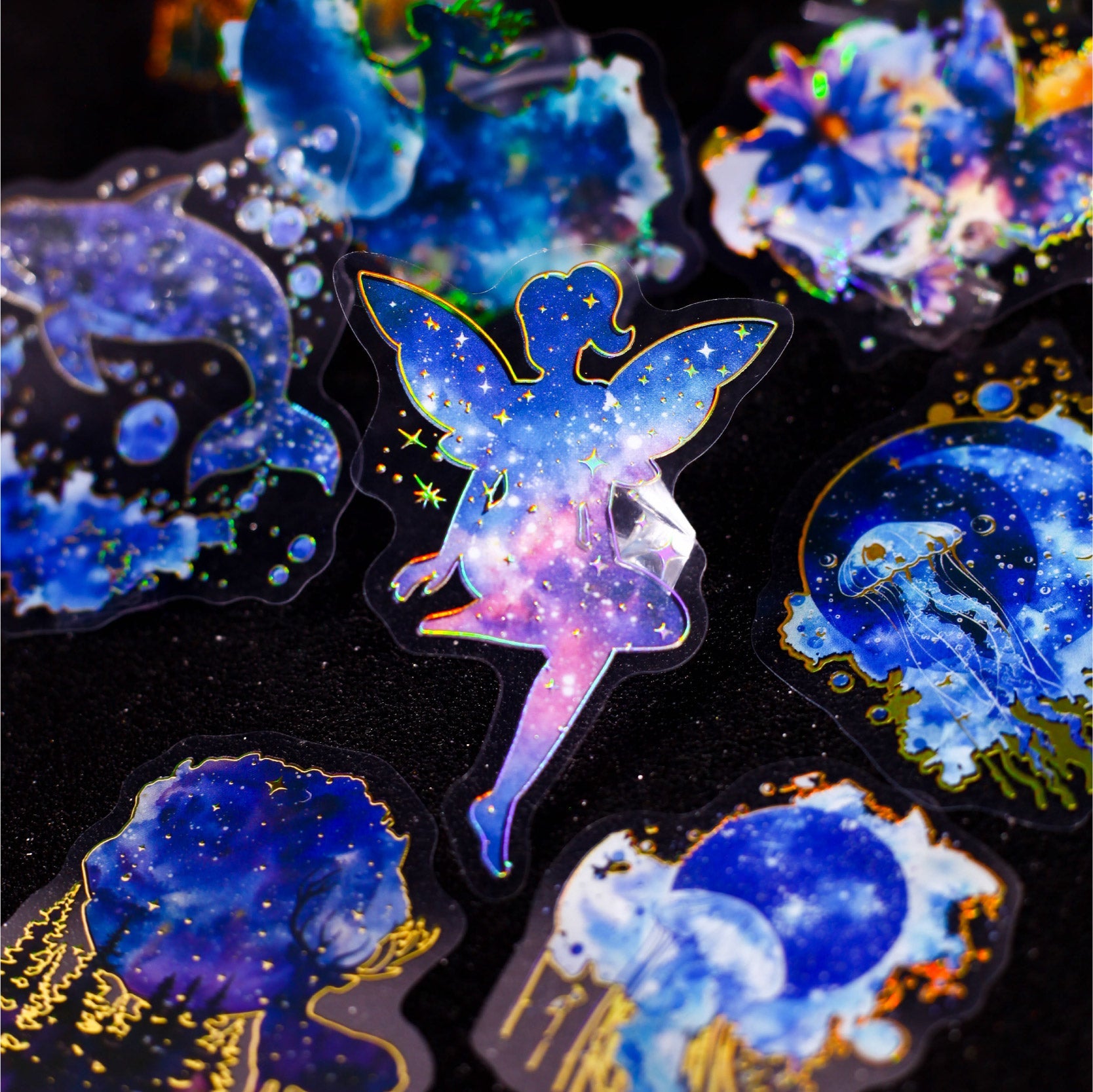 [2601-147] Galaxy Ocean Foil Stickers – Starry Fish & Jellyfish Collage Set (6 Designs)