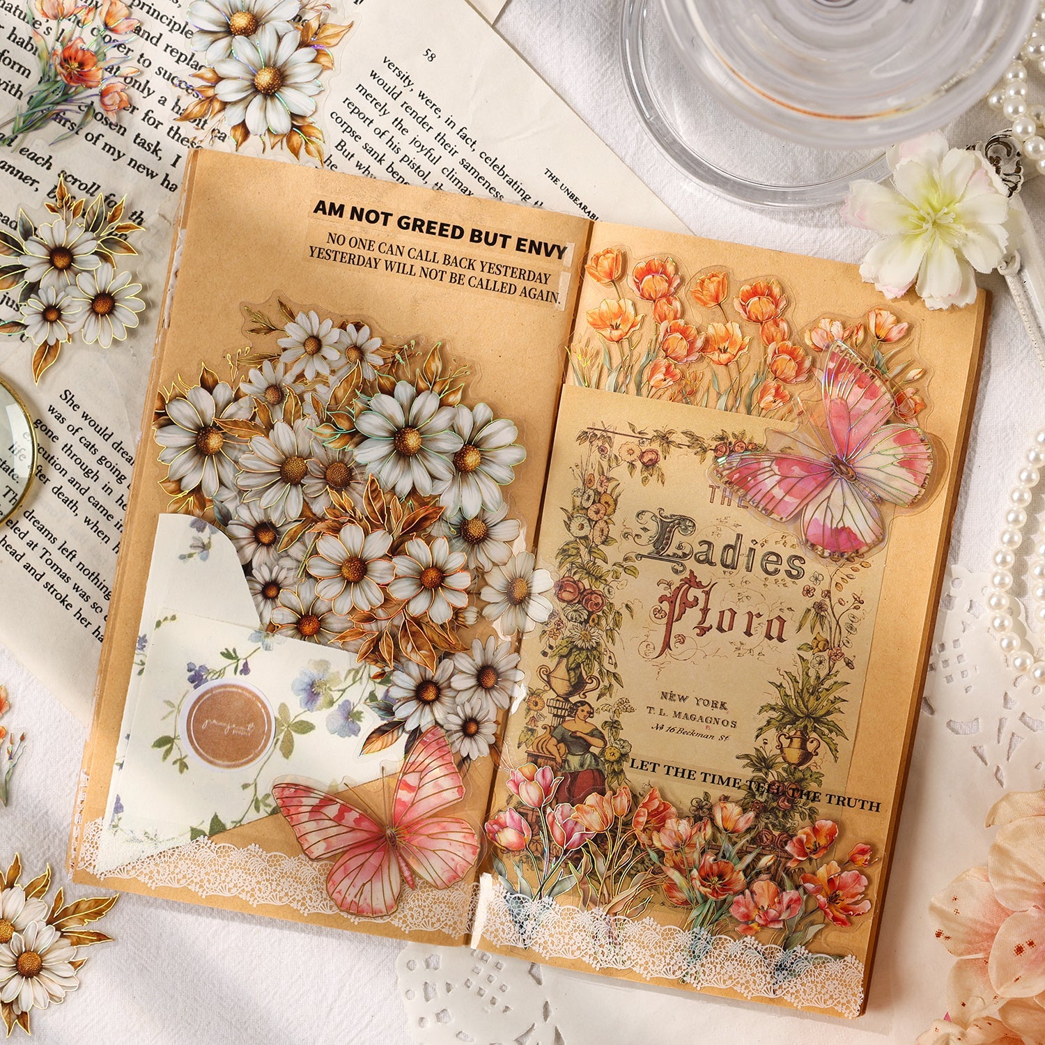 [2603-002] Gold Foil Floral PET Die Cut Stickers 20 Pieces