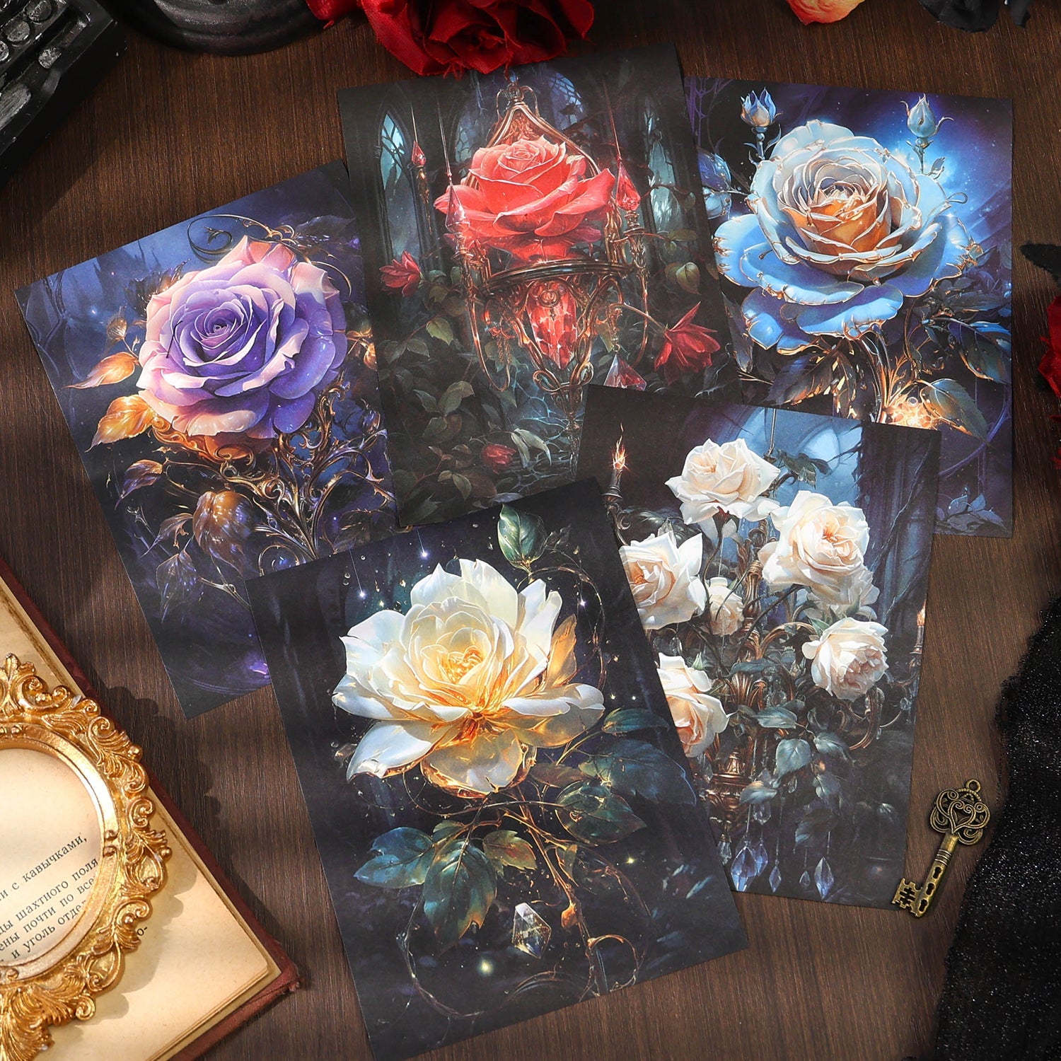 [2601-173] Shadow Rose – Gothic Vintage Rose Card & Sticker Set (4 Designs)