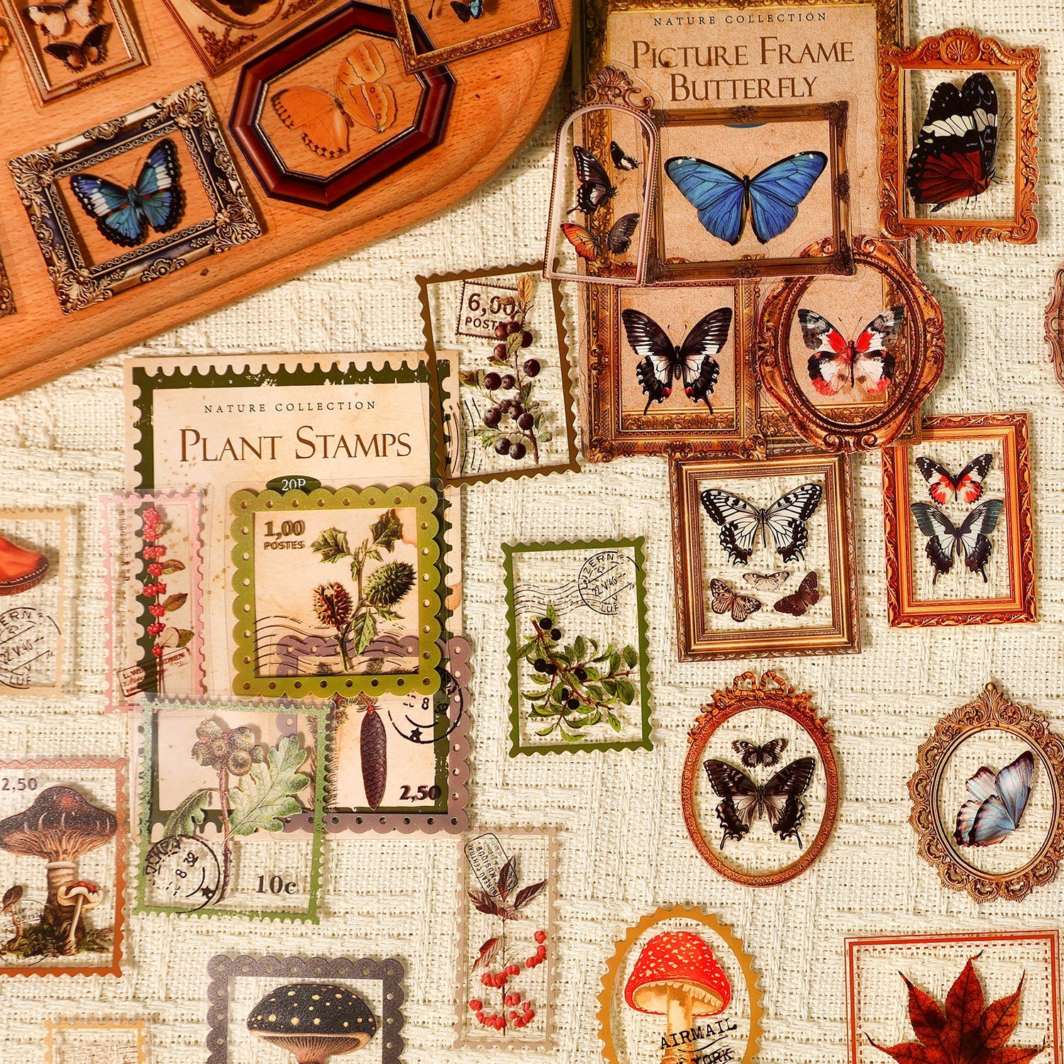 [2601-126] Vintage Nature PET Stickers – “Natural Collection” Botanical & Postage Set (4 Styles 20 Pieces)